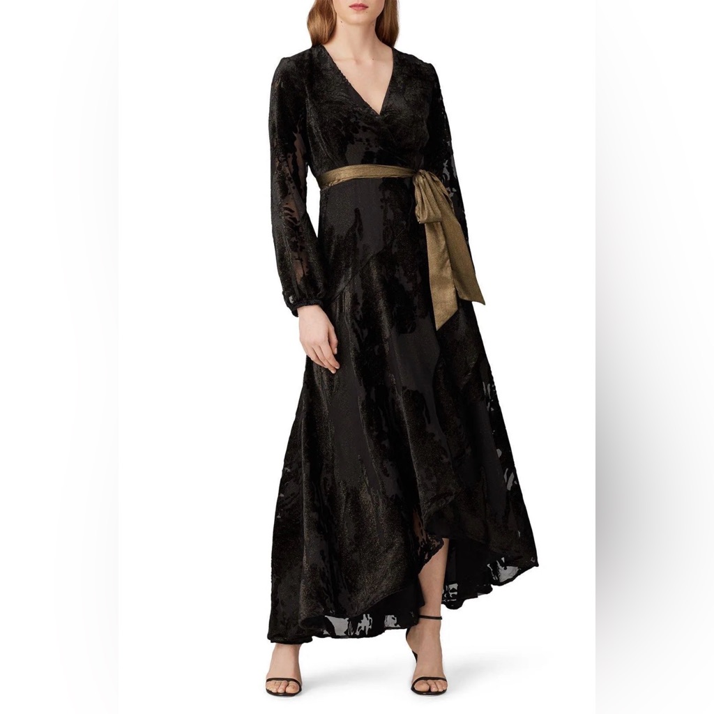 Hutch Velvet Celine Wrap Gown Black Gold Long Sleeve Dress Small